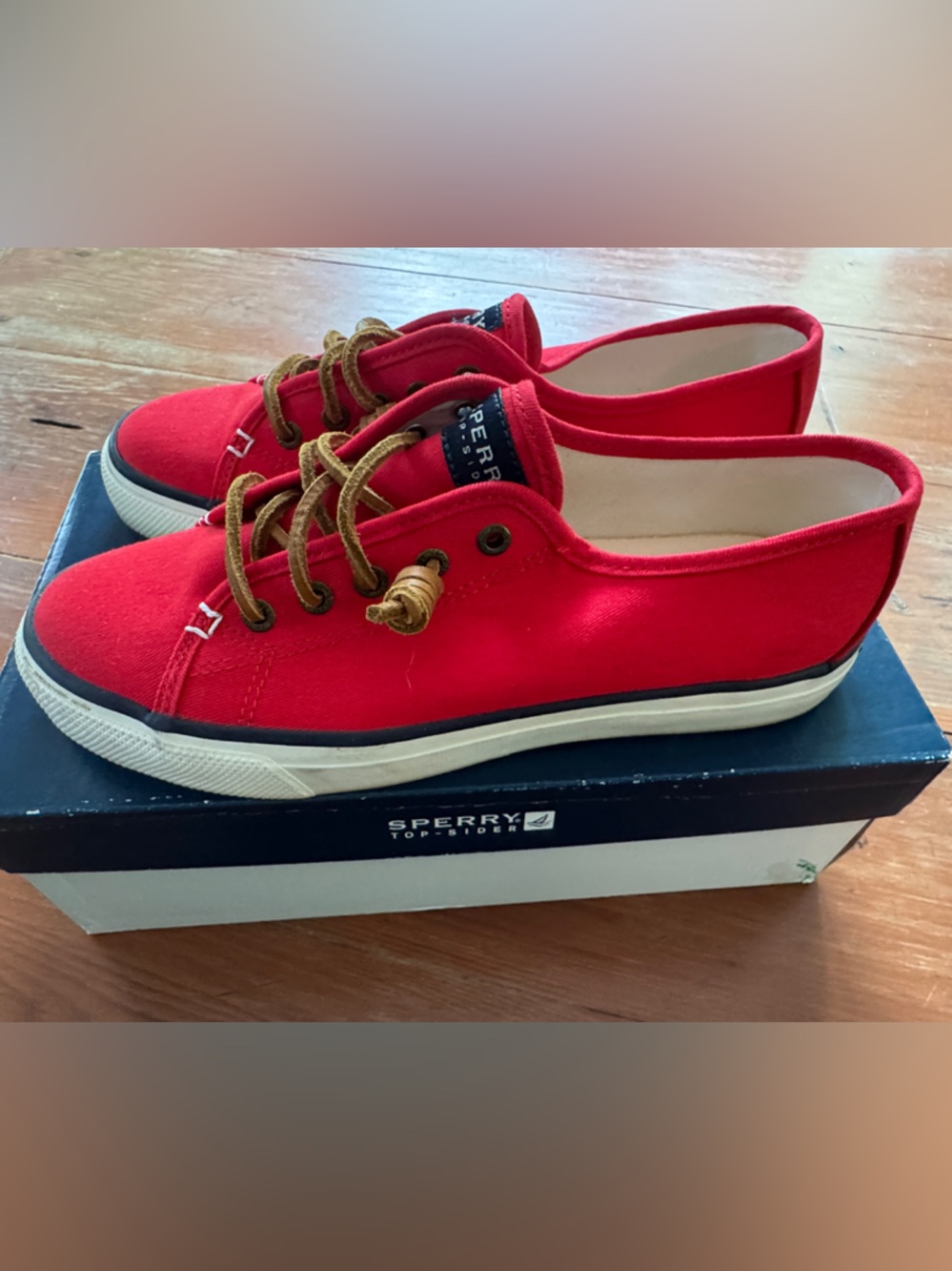 Sperry Red Canvas Boat Sneakers with Tan Laces